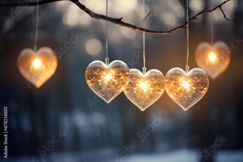 Garland with lanterns with hearts in winter park, Christmas or Valentine's day background. Generative AI