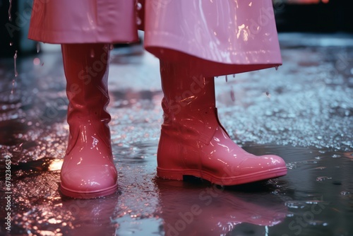 Woman in pink rubber boots and raincoat in rain, close-up of legs. Generative AI photo