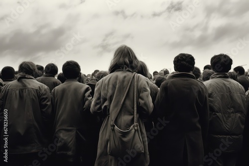 Black and white image of crowd refugees or protesters viewed from the back. Generative AI photo