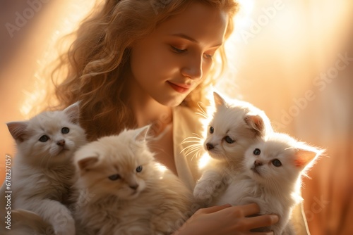 Heavenly Moments: Young Woman in White Cuddling Adorable Kittens © riggslp