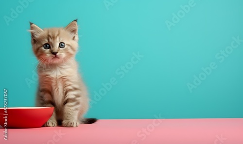 Whisker Wonderland: Adorable Cat Posing with Red Food Bowl