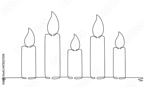 Christmas candle with burning flame. One continuous single line hand drawing art. Vector stock illustration isolated on white background for design template greeting card, invitation. Editable stroke