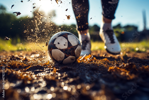 Photo close up of foot kicks the ball. Leg in boot playing football in a muddy field. Soccer kids player with ball. Generative AI photo