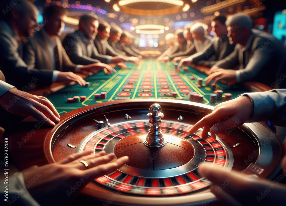 Obraz premium Casino roulette table closeup, golden wheel and gamblers around