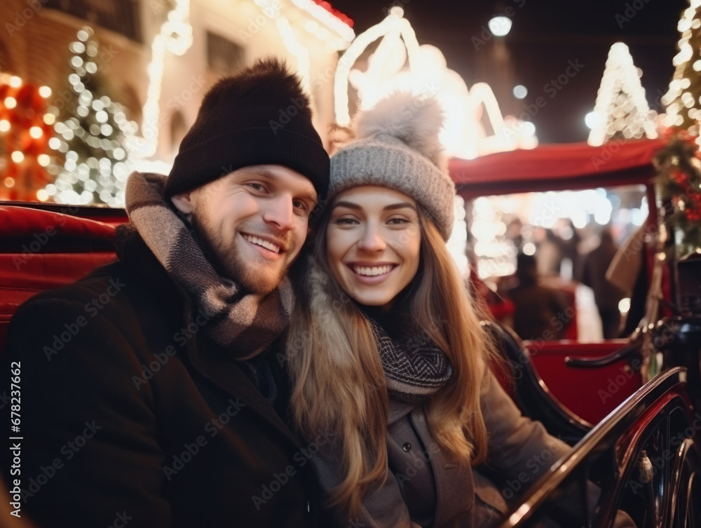 A couple went for a Christmas night ride in a carriage
