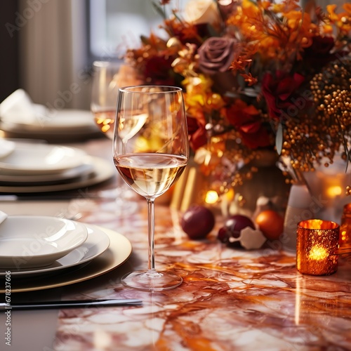 A festive autumn dinner table setting with pumpkins  candles  ready for a Thanksgiving feast  Christmas feast  Happy new year feast 