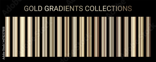 Gold gradients vector set. Colorful golden metallic gradient gradations for backgrounds, frame, ribbon, coin, label, medal, flyer, Christmas card, New Year invitation card. Vector template EPS10