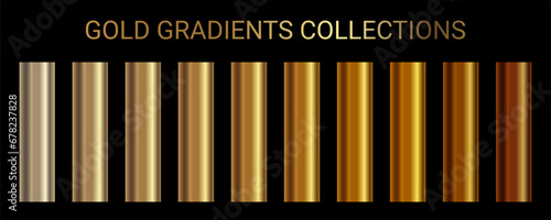 Golden vector gradients set. Collection of colorful metallic golden gradient gradations for backgrounds, frame, ribbon, coin, label, flyer, medal, Christmas card, New Year card Vector template EPS10