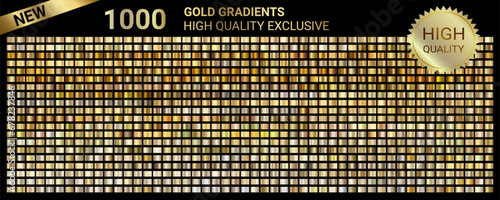 1000 Gold Gradients High Quality Exclusive vector. Golden metal gradients vector set. Gold, bronze metallic palette. Collection of golden, chrome metal color swatches for background, certificate photo