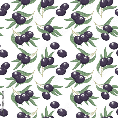 Background with olives. Seamless pattern  black olives and twigs with leaves on a white background. Print  vector