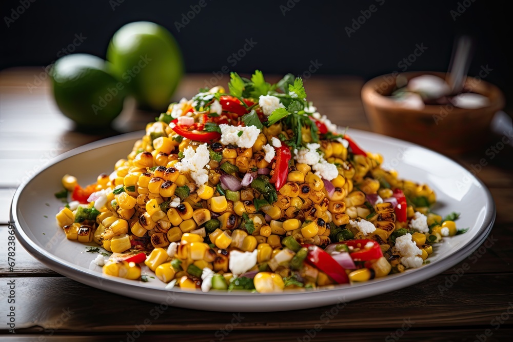 Street Corn Salad, a vibrant and zesty Mexican delight, beautifully presented on the table. The medley of charred corn kernels, creamy dressing, and colorful garnishes creates a visual feast. Street Corn Salad, a vibrant and zesty Mexican delight, beautifully presented on the table. The medley of charred corn kernels, creamy dressing, and colorful garnishes creates a visual feast.