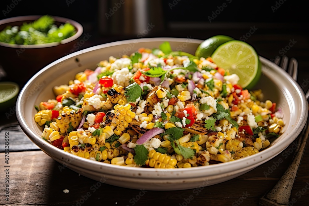 Street Corn Salad, a vibrant and zesty Mexican delight, beautifully presented on the table. The medley of charred corn kernels, creamy dressing, and colorful garnishes creates a visual feast. Street Corn Salad, a vibrant and zesty Mexican delight, beautifully presented on the table. The medley of charred corn kernels, creamy dressing, and colorful garnishes creates a visual feast.