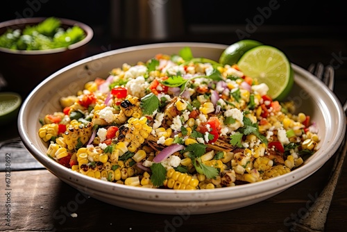 Street Corn Salad, a vibrant and zesty Mexican delight, beautifully presented on the table. The medley of charred corn kernels, creamy dressing, and colorful garnishes creates a visual feast.