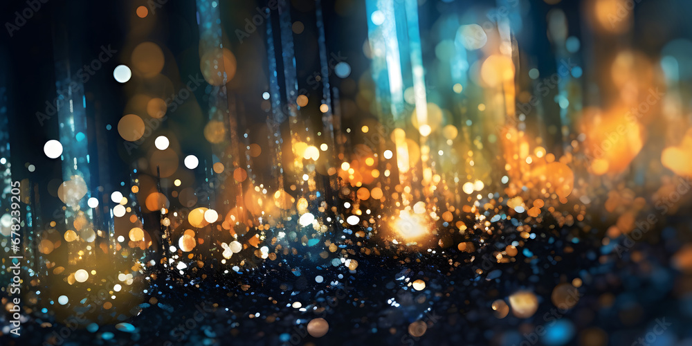 festive dark background of abstract glitter lights  gold, blue.