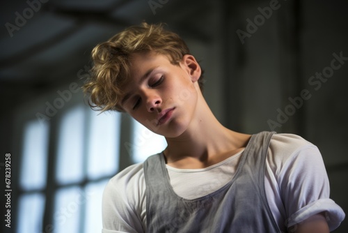 tired boy in his 20s practicing ballet in a studio photo