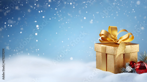 Winter snowy background with Christmas decoration with snow flakes on the blue sky, banner or backdrop. © simple words