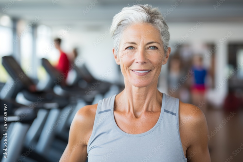 handsome mature woman doing step in a gym handsome mature woman doing step in a gym