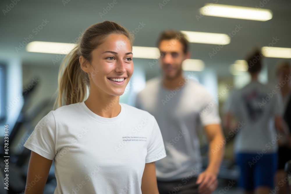 satisfied girl in her 30s doing physical rehabilitation exercises in a rehabilitation center satisfied girl in her 30s doing physical rehabilitation exercises in a rehabilitation center