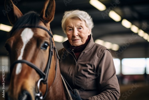 serious old woman horse riding in a riding school