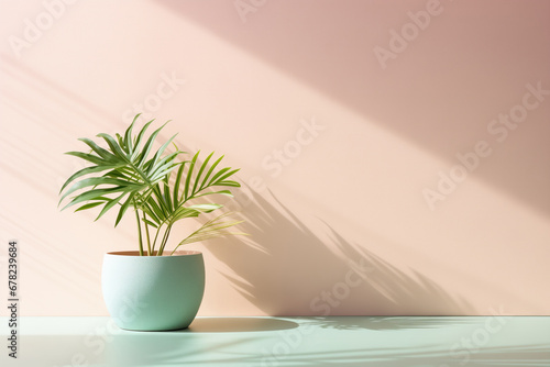 Pastel coloured background for product presentation with shadow and light from windows  ceramic pot with a green houseplant