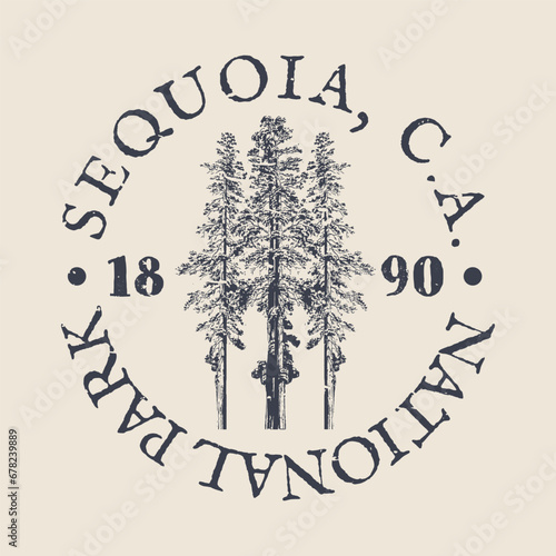 Sequoia National Forest, California, USA Silhouette Postal Passport. Stamp Round Vector Icon. Design Travel Postmark. 