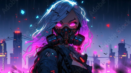 Synthwave anime manga girl, lofi background wallpaper design, neon, woman, hoodie, cyber punk, steam punk, gas mask © Filip