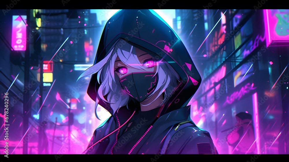 Fototapeta premium Synthwave anime manga girl, lofi bacground wallpaper design