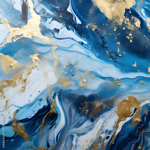 Abstract marbling marble oil acrylic paint background illustration art wallpaper. Blue gold color with waving waves swirls liquid fluid marbled texture banner painting texture. Generative AI.