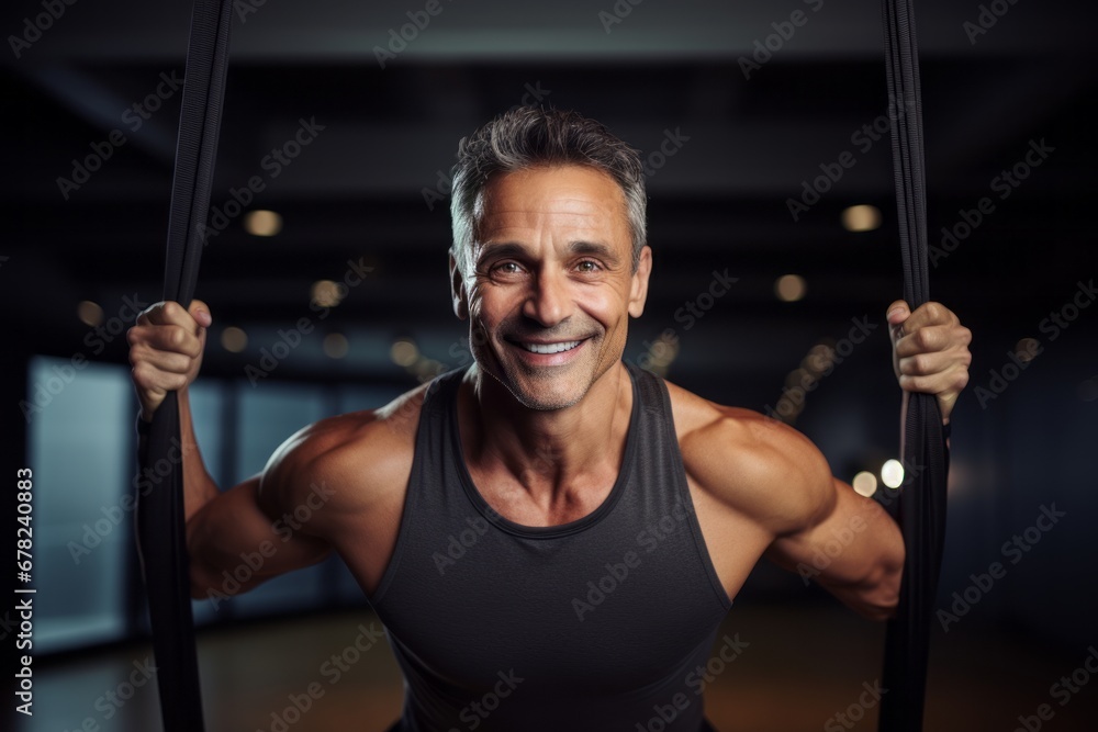 handsome mature man doing aerial yoga in a studio handsome mature man doing aerial yoga in a studio