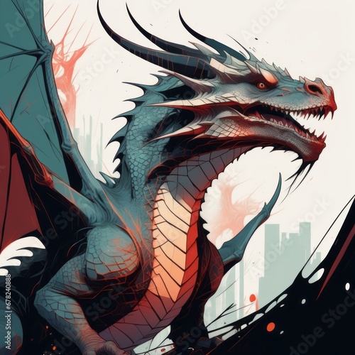 red dragon in the night color illustration generative AI software.