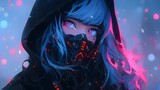 Synthwave anime manga girl, lofi background wallpaper design, neon, woman, hoodie, cyber punk, steam punk, gas mask