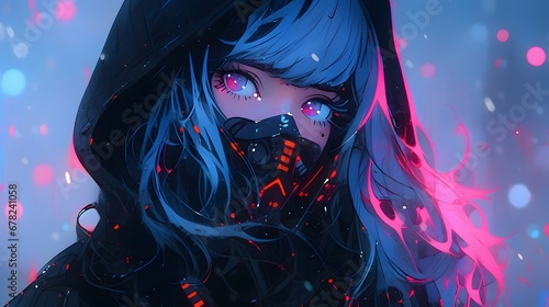 Synthwave anime manga girl, lofi background wallpaper design, neon, woman, hoodie, cyber punk, steam punk, gas mask
