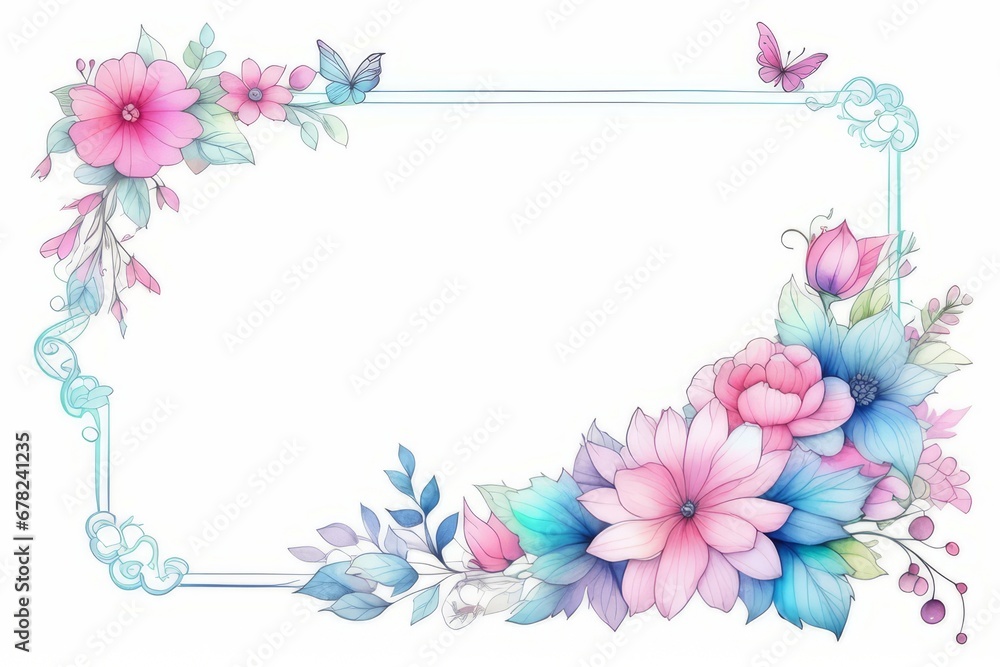 frame with flowers and butterflies generative AI software.