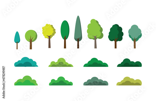 Set of original trees and bushes on white. Trees and bushes of different types for origami. Flat. Vector