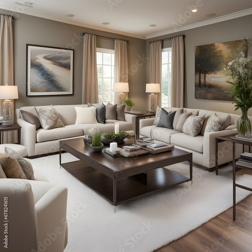 Living Room Elegance  Showcasing a sophisticated living room with plush sofas  elegant coffee tables  and tasteful wall art. Emphasis on natural lighting and comfort.