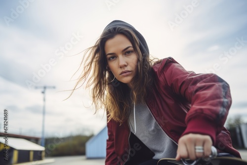 serious girl in her 30s skateboarding in a skatepark