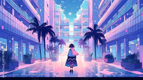 Plakat Synthwave anime manga girl, lofi bacground wallpaper design