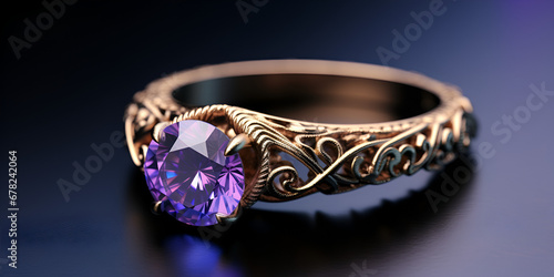 A gold ring with a purpal stone and diamonds on purple background ,Small Round Yellow Gold Gemstone Ring with Ruby Textured Asymmetry with generative ai