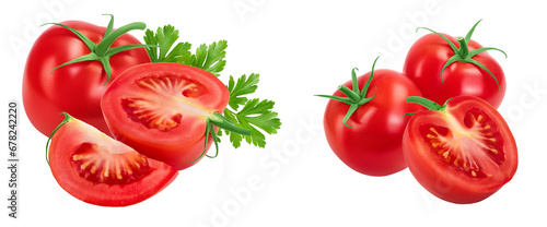 Tomato half and slice isolated on white background with full depth of field.