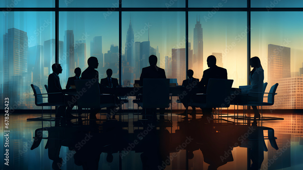Business meeting with skyscrapers visible behind the glass. Silhouettes of people sitting at a meeting or conference. Colorful abstract illustration. Brochure layout template. Generative AI.