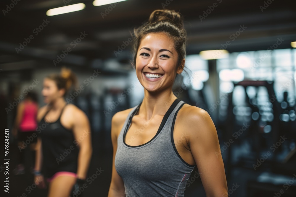 satisfied girl in her 30s doing a kickboxing class in a gym satisfied girl in her 30s doing a kickboxing class in a gym