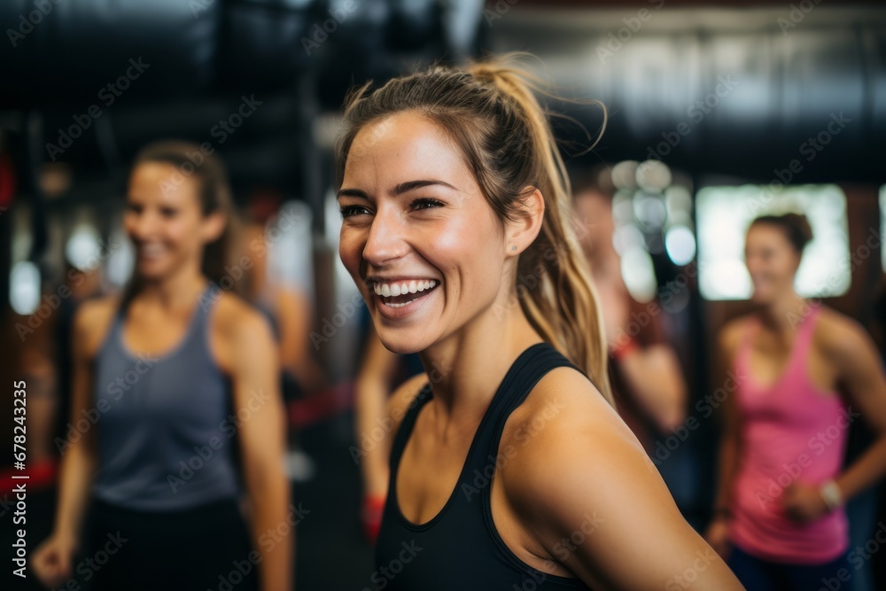 satisfied girl in her 30s doing a kickboxing class in a gym satisfied girl in her 30s doing a kickboxing class in a gym