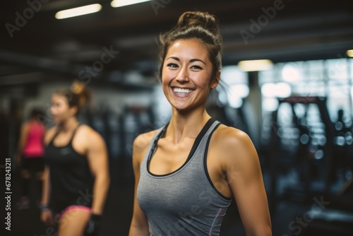 satisfied girl in her 30s doing a kickboxing class in a gym