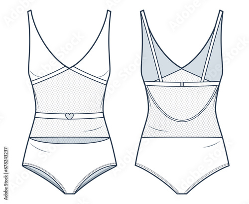 Swimsuit technical fashion illustration. Bodysuit fashion flat technical drawing template, v neck, mesh, slim fit, front and back view, white, women Lingerie CAD mockup.