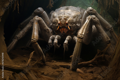 A Goliath Bird-eater Spider sitting in its burrow, its massive size and hairy legs making it one of the largest spiders in the world.