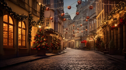 Beautiful Christmas atmosphere in european city at night with lots of christmas lights, and decoration