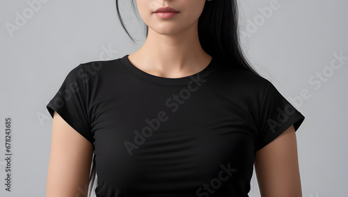 Woman Wearing Black T-Shirt Mockup. Plain Black Tee for Any Body Type. Design Template for Black Round Neck T-Shirt on Female Model. photo