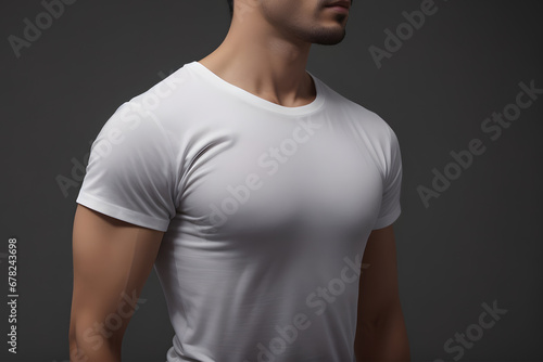 White T-Shirt Mockup on Male Model. Blank White T Shirt for Mockup on Well-Built Gentleman. White Round Neck Tee Design Template on Male Model. © Adam