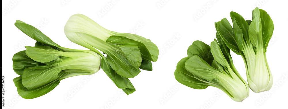 Fresh pak choi cabbage isolated on white background. Top view. Flat lay - obrazy, fototapety, plakaty 