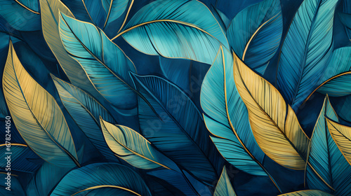 Tropical leaves with gold line art details and dark moody background wallpaper texture illustration  generative ai
